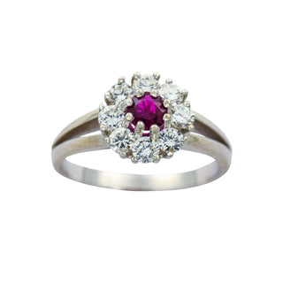 Rubinring aus 585 Weißgold mit Brillant, nachhaltiger second hand Schmuck perfekt aufgearbeitet