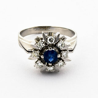 Entourage-Ring aus 585 Weißgold mit Saphir und Brillant, nachhaltiger second hand Schmuck perfekt aufgearbeitet