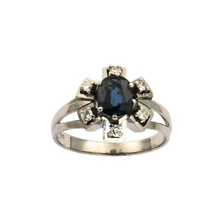 Entourage-Ring aus 585 Weißgold mit Saphir und Brillant, nachhaltiger second hand Schmuck perfekt aufgearbeitet