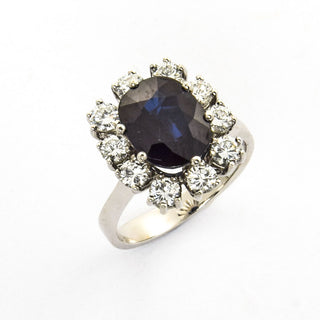 Entourage-Ring aus 585 Weißgold mit Saphir und Brillant, nachhaltiger second hand Schmuck perfekt aufgearbeitet