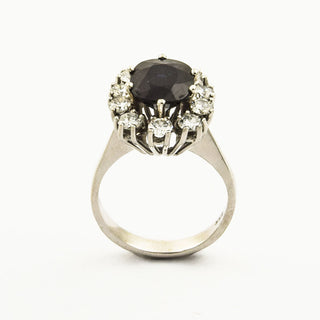 Entourage-Ring aus 585 Weißgold mit Saphir und Brillant, nachhaltiger second hand Schmuck perfekt aufgearbeitet