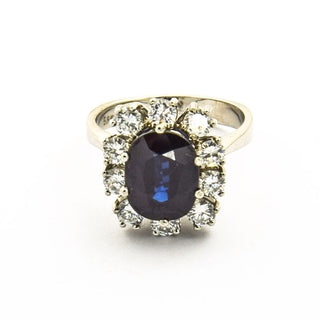 Entourage-Ring aus 585 Weißgold mit Saphir und Brillant, nachhaltiger second hand Schmuck perfekt aufgearbeitet