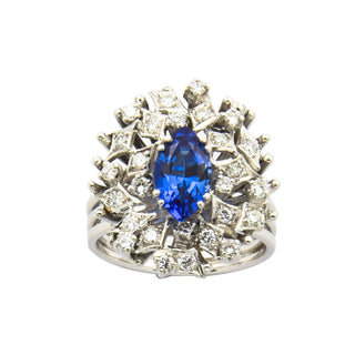 Entourage-Ring aus 585 Weißgold mit Tansanit, Brillant und Diamant, nachhaltiger second hand Schmuck perfekt aufgearbeitet