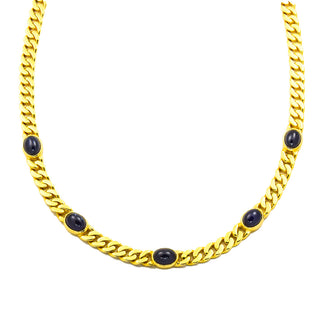 Flachpanzerkette aus 585 Gelbgold mit Saphir, nachhaltiger second hand Schmuck perfekt aufgearbeitet