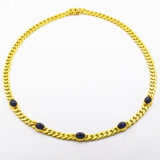 Flachpanzerkette aus 585 Gelbgold mit Saphir, nachhaltiger second hand Schmuck perfekt aufgearbeitet