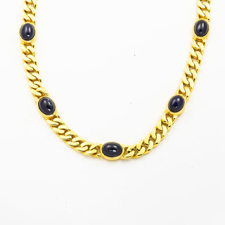 Flachpanzerkette aus 585 Gelbgold mit Saphir, nachhaltiger second hand Schmuck perfekt aufgearbeitet