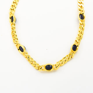 Flachpanzerkette aus 585 Gelbgold mit Saphir, nachhaltiger second hand Schmuck perfekt aufgearbeitet