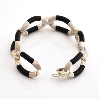 Gliederarmband aus 750 Weißgold mit Onyx, nachhaltiger second hand Schmuck perfekt aufgearbeitet