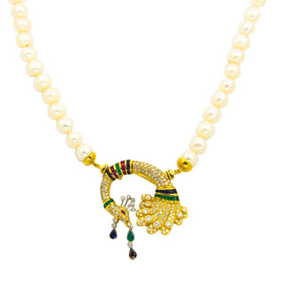 Perlenkette mit Schließe aus 750 Gelb- und Weißgold mit Perle, Smaragd und Saphir, nachhaltiger second hand Schmuck perfekt aufgearbeitet