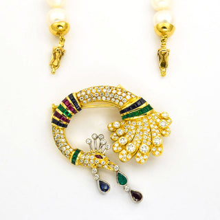 Perlenkette mit Schließe aus 750 Gelb- und Weißgold mit Perle, Smaragd und Saphir, nachhaltiger second hand Schmuck perfekt aufgearbeitet