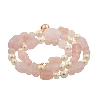 Halskette mit Rosenquarz, Perle und Kugelschließe aus 585 Rotgold, hochwertiger second hand Schmuck perfekt aufgearbeitet