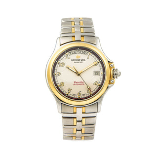 Raymond Weil Herrenarmbanduhr Parsifal Automatik mit Datumsanzeige und Wochentagsanzeige und Leuchtindizes, Leuchtzeiger und Leuchtziffern, gebrauchte Luxusuhr im Top-Zustand