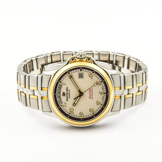 Raymond Weil Herrenarmbanduhr Parsifal Automatik mit Datumsanzeige und Wochentagsanzeige und Leuchtindizes, Leuchtzeiger und Leuchtziffern, gebrauchte Luxusuhr im Top-Zustand