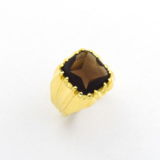 Herrenring aus 585 Gelbgold mit Rauchquarz, nachhaltiger second hand Schmuck perfekt aufgearbeitet