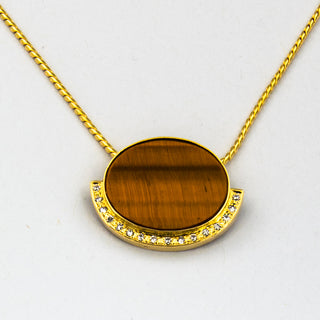 Kette mit Anhänger aus 750 Gelbgold mit Tigerauge und Diamant, nachhaltiger second hand Schmuck perfekt aufgearbeitet