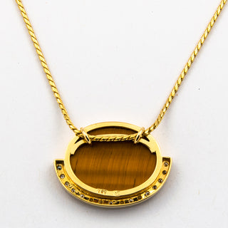 Kette mit Anhänger aus 750 Gelbgold mit Tigerauge und Diamant, nachhaltiger second hand Schmuck perfekt aufgearbeitet
