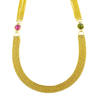 Sechsreihige Kordelkette aus 585 Gelbgold mit Turmalin, nachhaltiger second hand Schmuck perfekt aufgearbeitet