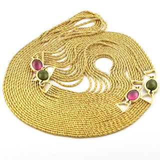 Sechsreihige Kordelkette aus 585 Gelbgold mit Turmalin, nachhaltiger second hand Schmuck perfekt aufgearbeitet