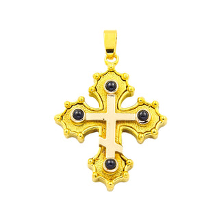 Kreuzanhänger aus 750 Gelb- und Weißgold mit Saphir, nachhaltiger second hand Schmuck perfekt aufgearbeitet