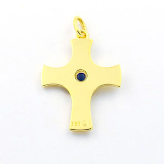 Kreuzanhänger aus 585 Gelb- und Weißgold mit Saphir und Brillant, nachhaltiger second hand Schmuck perfekt aufgearbeitet