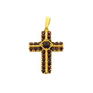 Kreuzanhänger aus 750 Gelbgold mit Granat, nachhaltiger second hand Schmuck perfekt aufgearbeitet