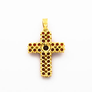 Kreuzanhänger aus 750 Gelbgold mit Granat, nachhaltiger second hand Schmuck perfekt aufgearbeitet