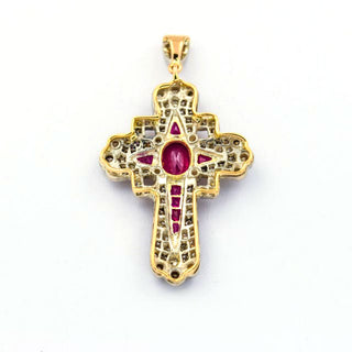 Kreuzanhänger aus 750 Gold/Silber mit Rubin und Brillant, nachhaltiger second hand Schmuck perfekt aufgearbeitet