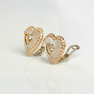 Ohrclips Herzen aus 750 Gelb- und Weißgold mit Bergkristall und Brillant, nachhaltiger second hand Schmuck perfekt aufgearbeitet