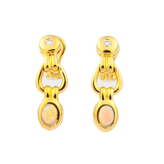 Ohrclips aus 750 Gelbgold mit Opal und Diamant, nachhaltiger second hand Schmuck perfekt aufgearbeitet