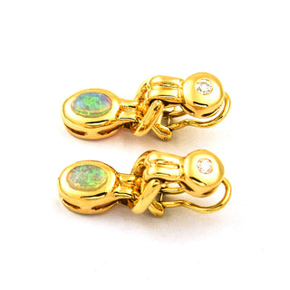 Ohrclips aus 750 Gelbgold mit Opal und Diamant, nachhaltiger second hand Schmuck perfekt aufgearbeitet