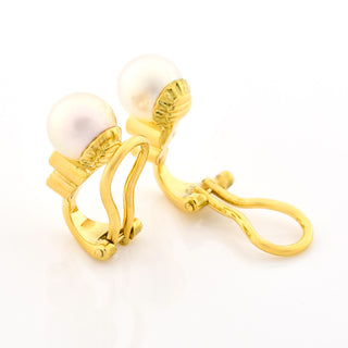 Perlenohrclips aus 750 Gelbgold mit Brillant, nachhaltiger second hand Schmuck perfekt aufgearbeitet