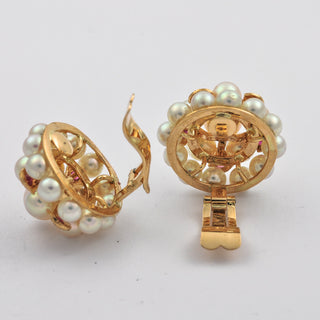 Ohrclips aus 585 Rotgold mit Rubin und Perle, hochwertiger second hand Schmuck perfekt aufgearbeitet