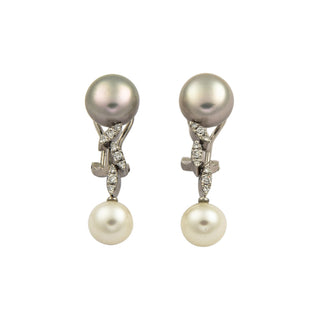 Ohrclips aus 750 Weißgold mit Diamant und Perle, nachhaltiger second hand Schmuck perfekt aufgearbeitet