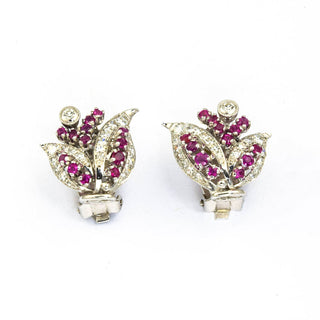 Rubinohrclips aus 585 Weißgold mit Diamant und Brillant, nachhaltiger second hand Schmuck perfekt aufgearbeitet