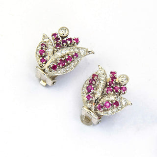 Rubinohrclips aus 585 Weißgold mit Diamant und Brillant, nachhaltiger second hand Schmuck perfekt aufgearbeitet