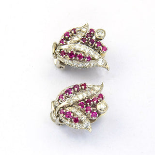 Rubinohrclips aus 585 Weißgold mit Diamant und Brillant, nachhaltiger second hand Schmuck perfekt aufgearbeitet