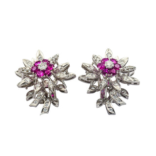 Rubinohrclips aus 750 Weißgold mit Brillant und Diamant, nachhaltiger second hand Schmuck perfekt aufgearbeitet