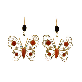 Ohrhänger Schmetterlinge aus 585 Rotgold mit Koralle, Bergkristall und Türkis, nachhaltiger second hand Schmuck perfekt aufgearbeitet