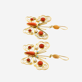 Ohrhänger Schmetterlinge aus 585 Rotgold mit Koralle, Bergkristall und Türkis, nachhaltiger second hand Schmuck perfekt aufgearbeitet