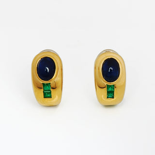 Saphirohrstecker aus 750 Gelb- und Weißgold mit Smaragd, nachhaltiger second hand Schmuck perfekt aufgearbeitet