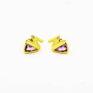 Ohrstecker aus 585 Gelbgold mit Amethyst und Brillant, nachhaltiger second hand Schmuck perfekt aufgearbeitet