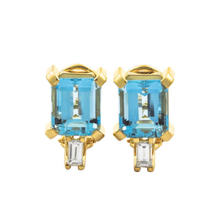 Ohrstecker aus 750 Gelbgold mit Aquamarin und Diamant, nachhaltiger second hand Schmuck perfekt aufgearbeitet
