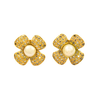Ohrstecker Blumen aus 750 Gelbgold mit Perle und Brillant, nachhaltiger second hand Schmuck perfekt aufgearbeitet