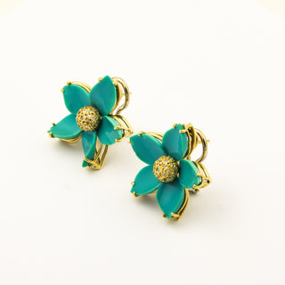 Ohrstecker Blumen aus 750 Gelbgold mit Türkis und Diamant, nachhaltiger second hand Schmuck perfekt aufgearbeitet