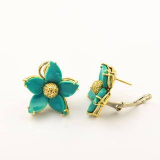 Ohrstecker Blumen aus 750 Gelbgold mit Türkis und Diamant, nachhaltiger second hand Schmuck perfekt aufgearbeitet