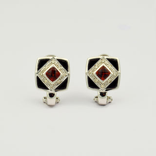 Ohrstecker aus 585 Weißgold mit Granat, Onyx und Diamant, nachhaltiger second hand Schmuck perfekt aufgearbeitet