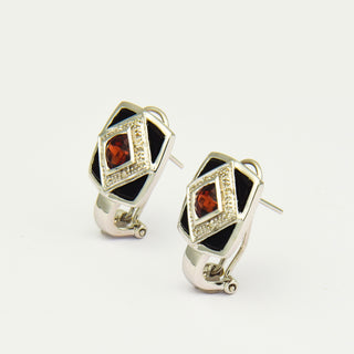 Ohrstecker aus 585 Weißgold mit Granat, Onyx und Diamant, nachhaltiger second hand Schmuck perfekt aufgearbeitet