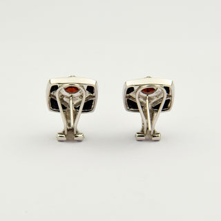 Ohrstecker aus 585 Weißgold mit Granat, Onyx und Diamant, nachhaltiger second hand Schmuck perfekt aufgearbeitet