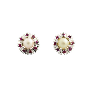 Perlenohrstecker aus 585 Weißgold mit Rubin, nachhaltiger second hand Schmuck perfekt aufgearbeitet