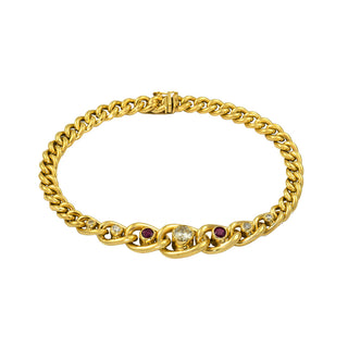 Panzerarmband aus 585 Gelbgold mit Rubin und Brillant, nachhaltiger second hand Schmuck perfekt aufgearbeitet